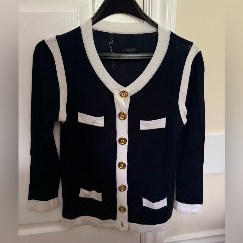 LINE Cashmere Modal Navy Blue and White Cardigan with Gold Buttons (XS)